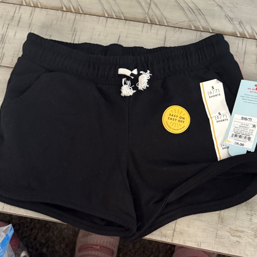 Black Drawstring Shorts with Yellow Patch